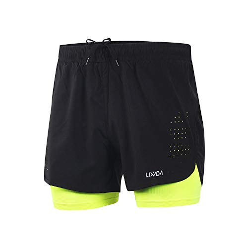 Lixada Hombres Pantalónes Cortos de Running 2-en-1, Pantalones Cortos de Atletismo, Pantalones...