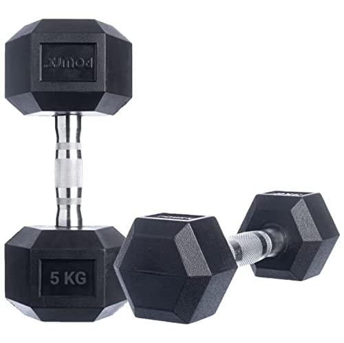 POWRX Mancuernas hexagonales 10 kg set (2 x 5 kg) - Revestimiento de goma + PDF workout (Negro)